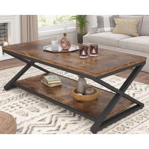 HSH Rustic Coffee Table with Storage Shelf, Industrial Metal Wood Living Room Table, Farmhouse Minimalist Rectangle Center Table, Vintage Simple 2 Tier Cocktail Tea Table, Rustic Brown, 47 Inch