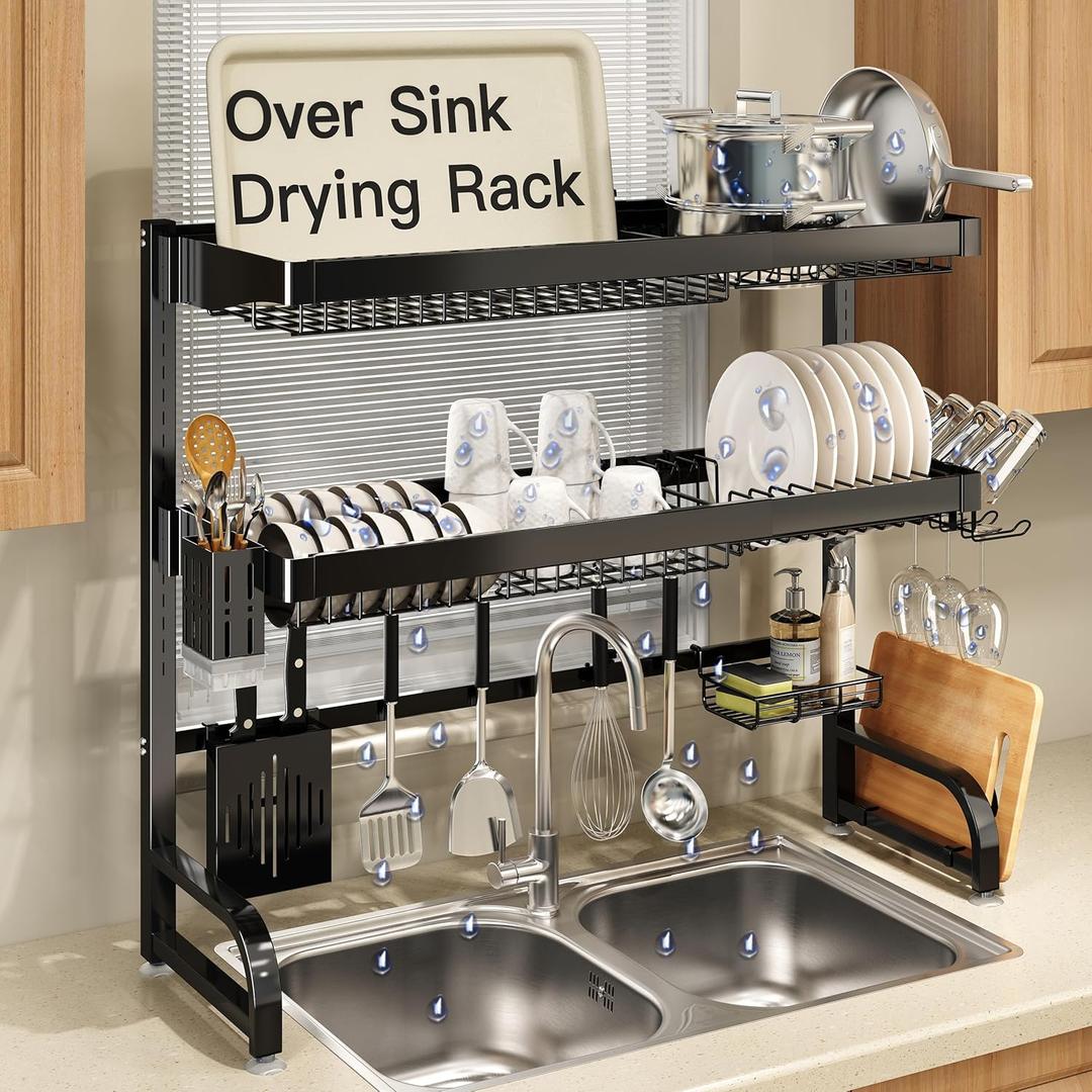 3 Tier Extra Large Stainless Steel Expandable Over The Sink Dish Drainer Drying Rack, Rust Proof Metal, Space Saving, Modern Black Big Capacity Extendable Plate Strainers Above Kitchen Counter, 25.5"-35.5"x11.9"x31.5"