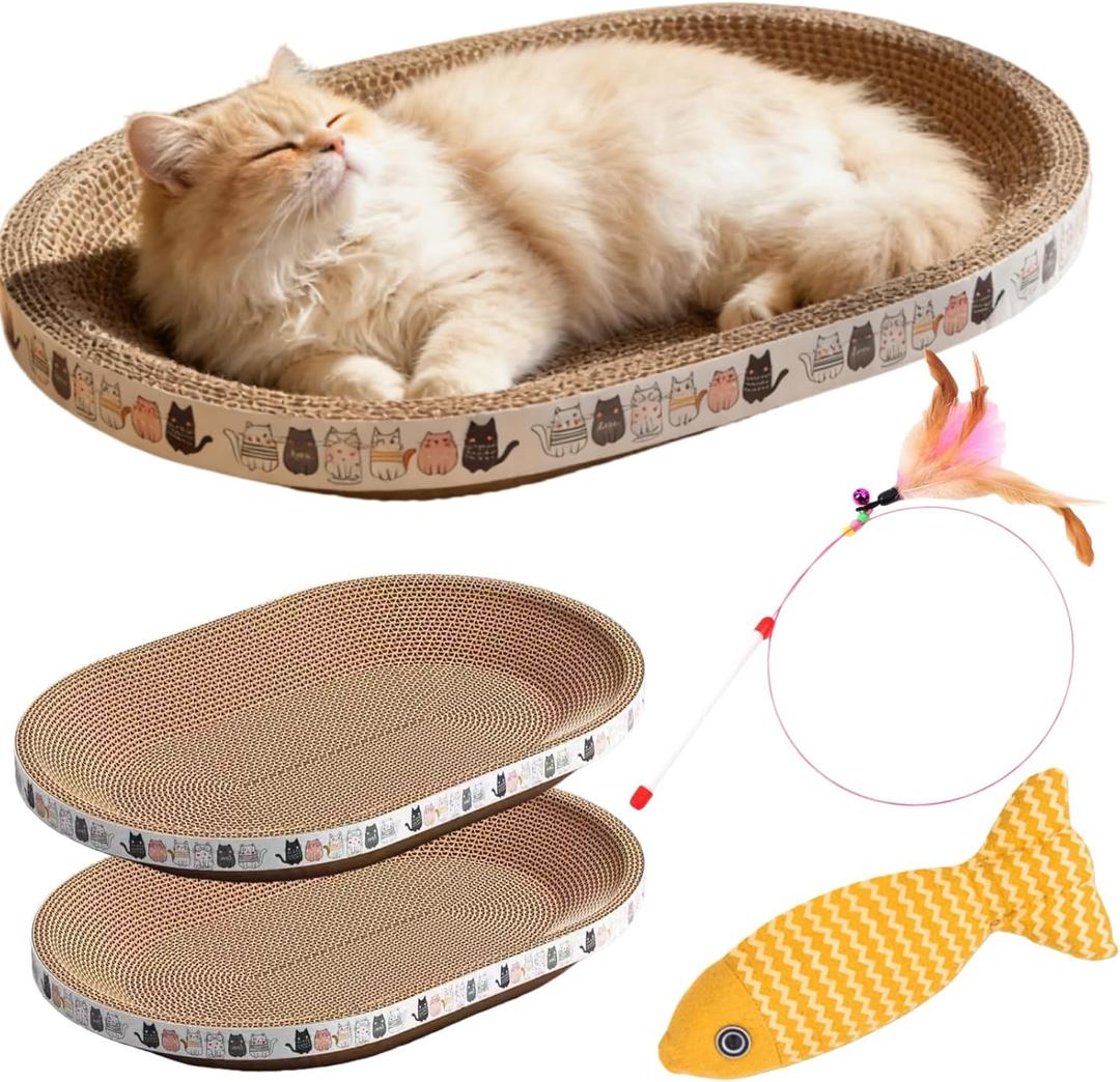 Spindro 2 Pack Extra Large Cat Scratcher Cardboard, Oval Scratcher Bed Cat Scratch Bowl, Scratching Lounge Couch Round Shaped Nest for Indoor Cats Furniture Protector