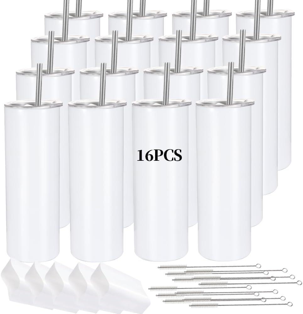16 Pack Sublimation Tumblers Straight Skinny Tumbler Blanks Bulk 20oz for Heat Transfer, Individual Gift Boxed, Double Wall Insulated Tumbler with Shrink Wrap & Straws