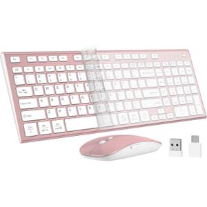 Wireless Keyboard and Mouse, GALENMORO Silent Quiet Combo Low Profile USB C Full Size Compact with Number Pad Flat Soft Touch Cordless for Mac Computer PC Laptop MacBook iMac Office - Pink Rose Gold