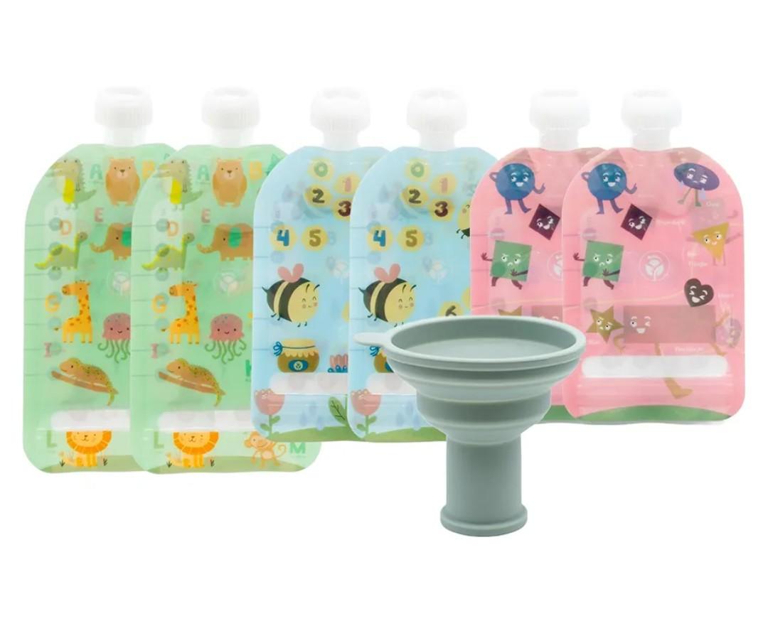 WeeSprout Double Zipper Reusable Food Pouches, Perfect for Babies & Toddlers, Freezer & Dishwasher Safe (Educational, 6 Piece Assortment)