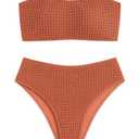 ZAFUL Women's Textured Bandeau Bikini Strapless Solid Color 2 Pieces Bathing Back Lace-up Suit Swimsuit (Caramel, S)
