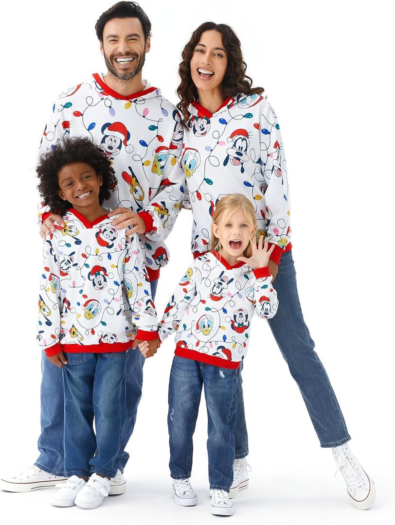 Disney Mickey and Friends Family Matching Christmas Hooded Sweatshirt Casual Mickey Snow Pattern Long Sleeve Pullover Hoodies (8-9 Years, Red&white)