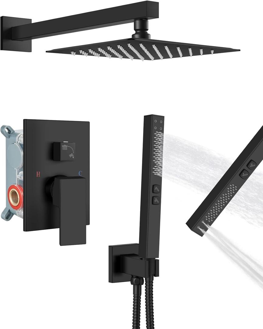 Shower Faucet Set Rainfall Shower System with Square Showerhead and Handle Set Fixture with 2 in 1 Function Handheld Sprayer Wall Mounted Trim Repair Kit Rough-in Valve 8 Inch Matte Black