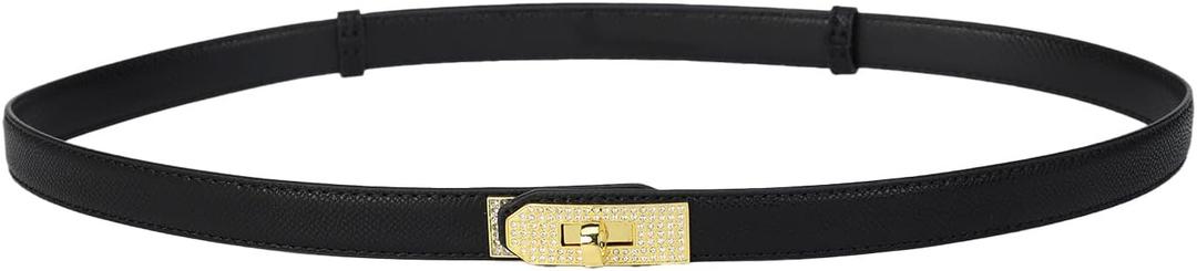 Women's Skinny Leather Belt With Adjustable Gold Alloy Turn-lock Rhinestone Buckle For Dresses, Jeans (Black)