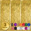 Voircoloria 3 Pack 3.3x8.2 Feet Gold Foil Fringe Backdrop Curtains, Tinsel Streamers, Fringe Backdrop for 2025 New Years Eve, Graduation, Birthday, Baby Shower, Gender Reveal, Disco Party