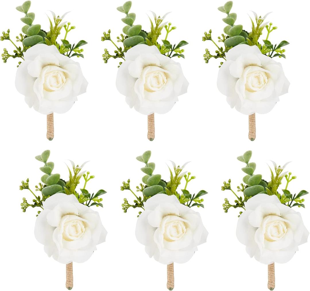 Ivory Rose Boutonniere for Men,Set of 6,Groom and Best Man Boutonnieres with Artificial Flower,for Wedding Ceremony Anniversary, Formal Dinner Party, Fall Vintage Rustic Marriage Prom