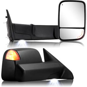 Towing Mirror for Dodge Ram - Replacement fit for 2009-2018 Dodge Ram 1500 2500 3500 Pickup Truck with Power Adjusted Glass Heated LED Turn Signal Light Puddle Lamp Temp Sensor Flip Up Pair Set, Ram Style