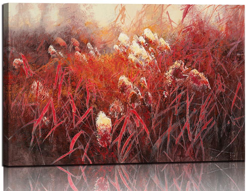 Sense&Sensitivity Arts - Reed Landscape Oil Painting Print Red Abstract Wall Art Modern Vintage Red Grass Wall Decor Abstract Art Wall Decor for Living Room Kitchen Bathroom Bedroom Office Hallway