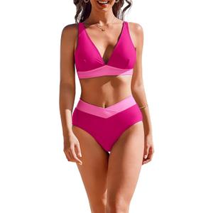 AI'MAGE High Waisted Bikini Set for Women Tummy Control Women's 2 Piece Bathing Suit V Neck Sexy Color Block Swimsuit 2025