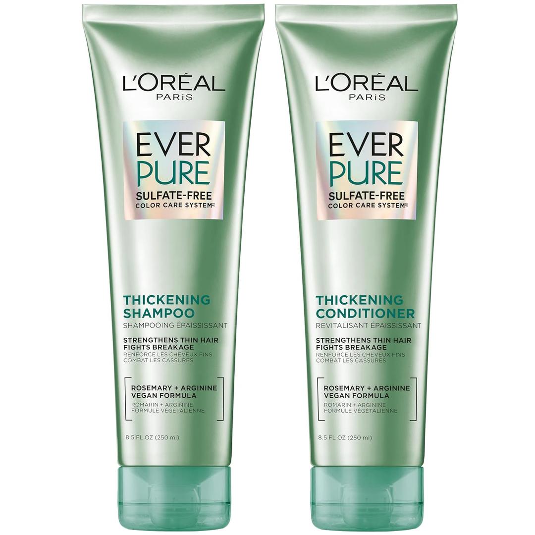 L'Oreal Paris Thickening Sulfate Free Shampoo and Conditioner, Thickens + Strengthens Thin, Fragile Hair, EverPure, 1 Hair Care Kit