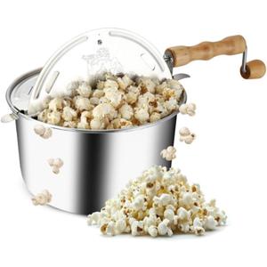 Stovetop Popcorn Maker - 6-Quart Aluminum Popcorn Popper with Hand Crank, Vented Lid, and Stir Paddle by Great Northern Popcorn (Silver)