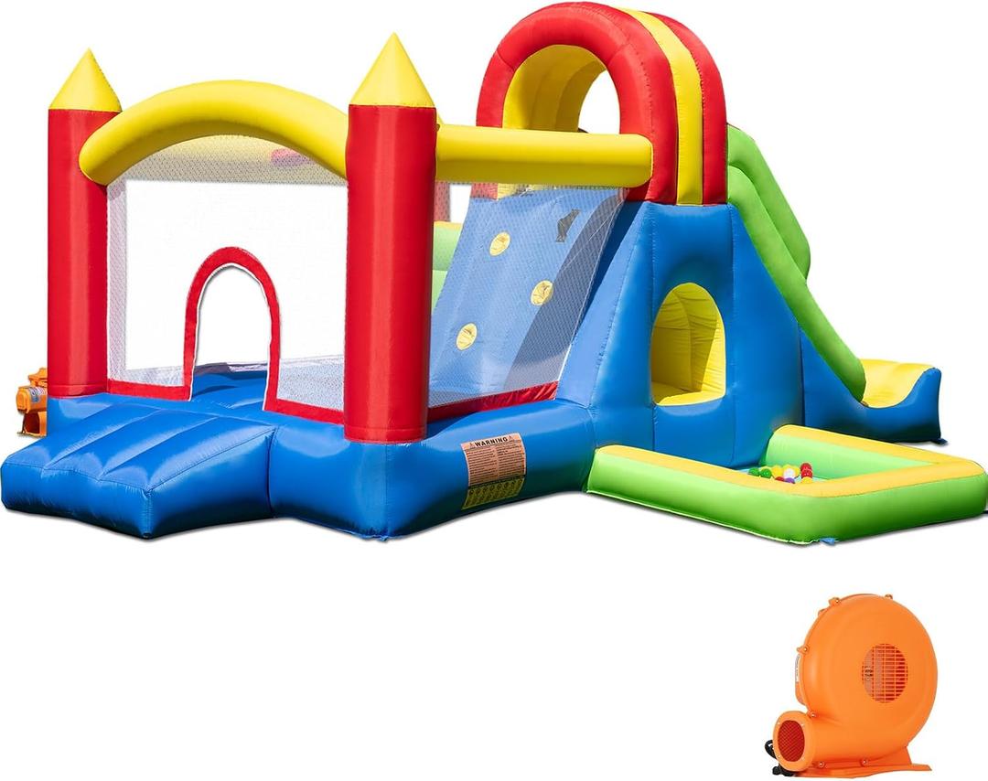 HuaKastro Large Bounce House for Big Kids Inflatable Playground with Tall Slide, Climbing Wall, Water Pool, Bouncy Ball Pit, Tunnel, Ring Toss Cones, Perfect for Backyard Party Family Gatherings