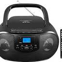 Portable CD Player Boombox with FM Radio, Top Loading CD Stereo Boom Box for Home, Bluetooth, Remote Control, LED Light, Headphone/Mic Jack, Support CDR/RW/MP3CD, USB, LCD Display, Black