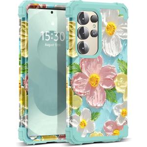 for Galaxy S25 Ultra 5G Case,3 in 1 Oil Painting Flower Pattern Heavy Duty Protection Silicone Rubber Bumper+Hard Plastic Protective Cover for Samsung Galaxy S25 Ultra,Green Flower
