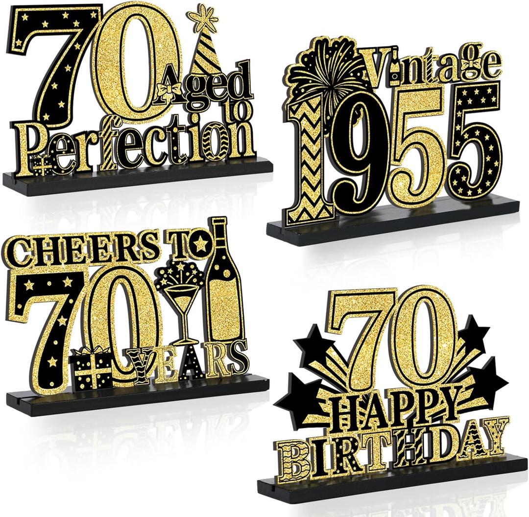 4 Pcs 70th Birthday Table Decorations Vintage 1955 Black Gold Birthday Party Centerpieces Aged to Perfection 70th Birthday Supplies Cheers to 70 Years Table Topper Wooden Decor for Men 70 Years Old