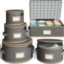 Hard Shell China Storage Containers – 5 Piece Set for Storing Dinner Plates, Salad Plates, Mugs, Quilted Dividers for Safe Moving and Seasonal Storage, Grey with Brown Edging