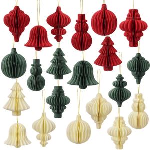 21 Pcs Christmas Party Decorations Paper Honeycomb Ornaments Green Red Pearl Hanging Dcor for Xmas Tree Bells Balls Lanterns Ceiling Wall Home Decor
