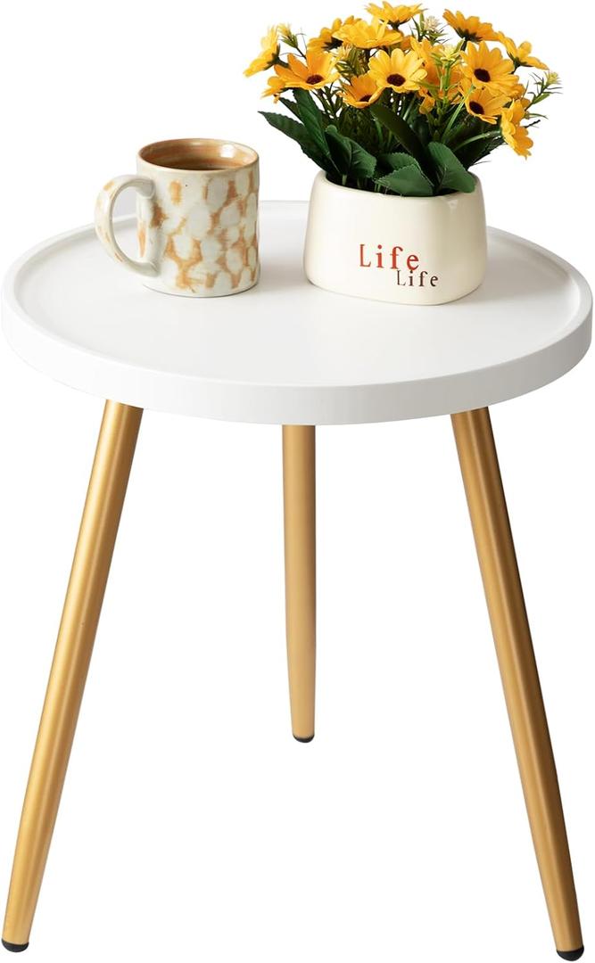 danpinera Round Side Table, Metal Legged Accent Table with Wooden Tray, Small Round End Table for Living Room, Bedroom, Nursery, White & Gold (Whitegold)