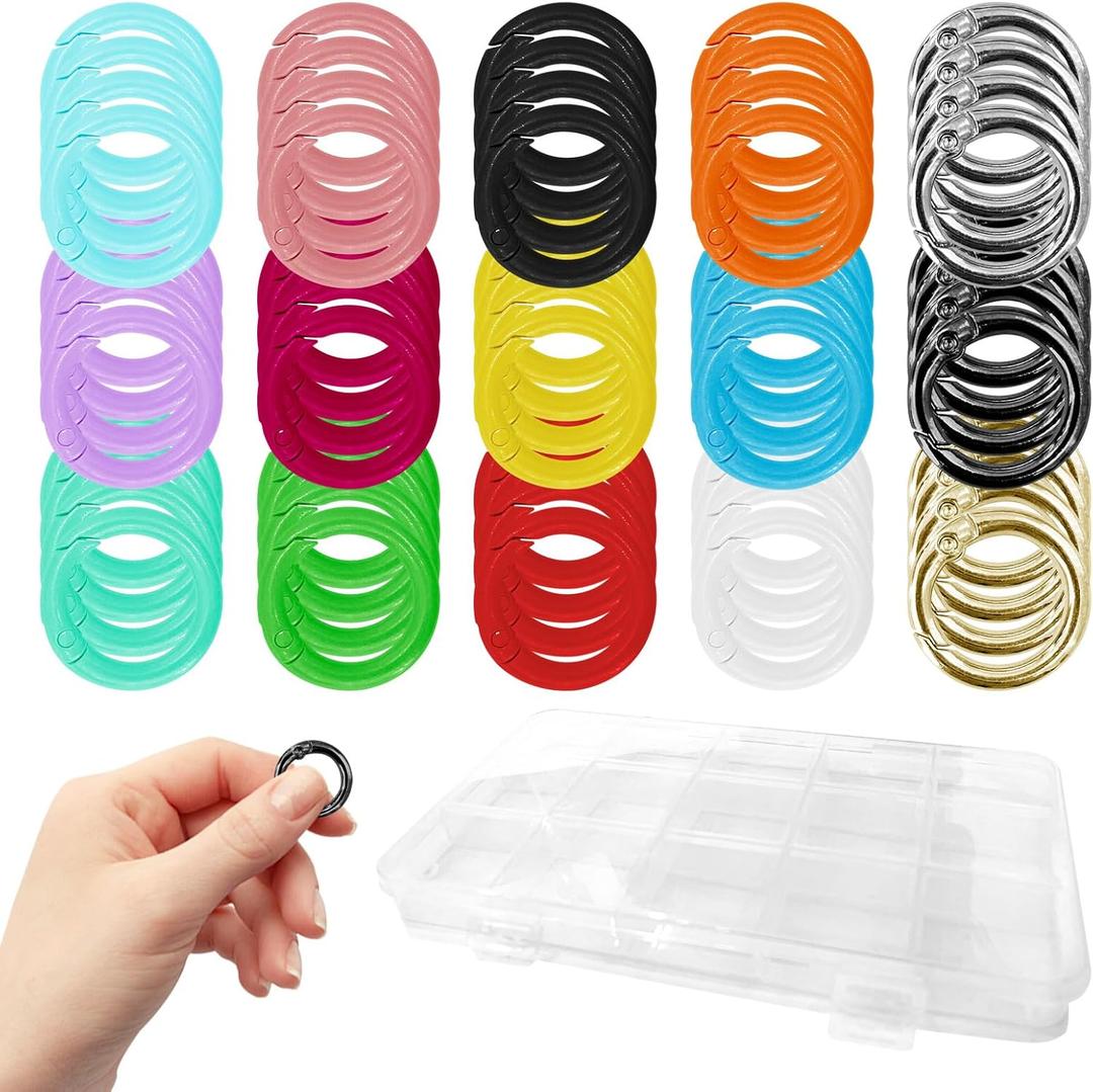 60 Pcs Metal Spring O Rings Clip, 15 Colors Round Carabiner Clips Trigger Spring Snap Keyring Buckle Hook for Keychain, Bags, Purses, Paper, DIY Ring Clip with Storage Box