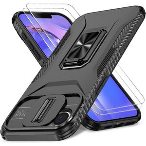 Case for iPhone 16e/17e with Slide Camera Cover+HD Screen Protector(2 Packs), Military Grade Shockproof Protective Cover, Rotated Ring Kickstand(A - Black)