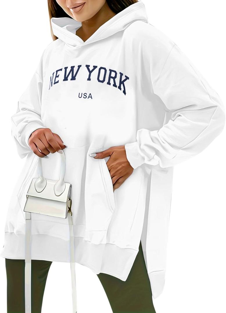 Remidoo Women's Oversized Hoodie Split Letter Graphic Sweatshirt Long Sleeve Pullover Top White, Size: X-Large