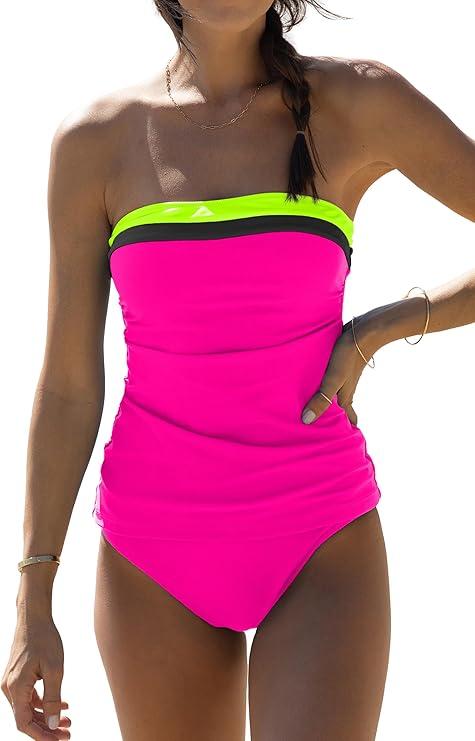 Beachsissi Bandeau Swimsuits for Women Strapless Swimwear Bathing Suits Tummy Control Color Block Tankini Sets, XL, Deep Pink