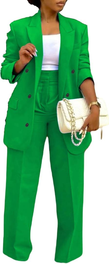Tcremisa Pants Suits for Women Dressy 2 Piece Business Casual Outfits Double Breasted Blazer Wide Leg Pants Set Office Work (Green, L)