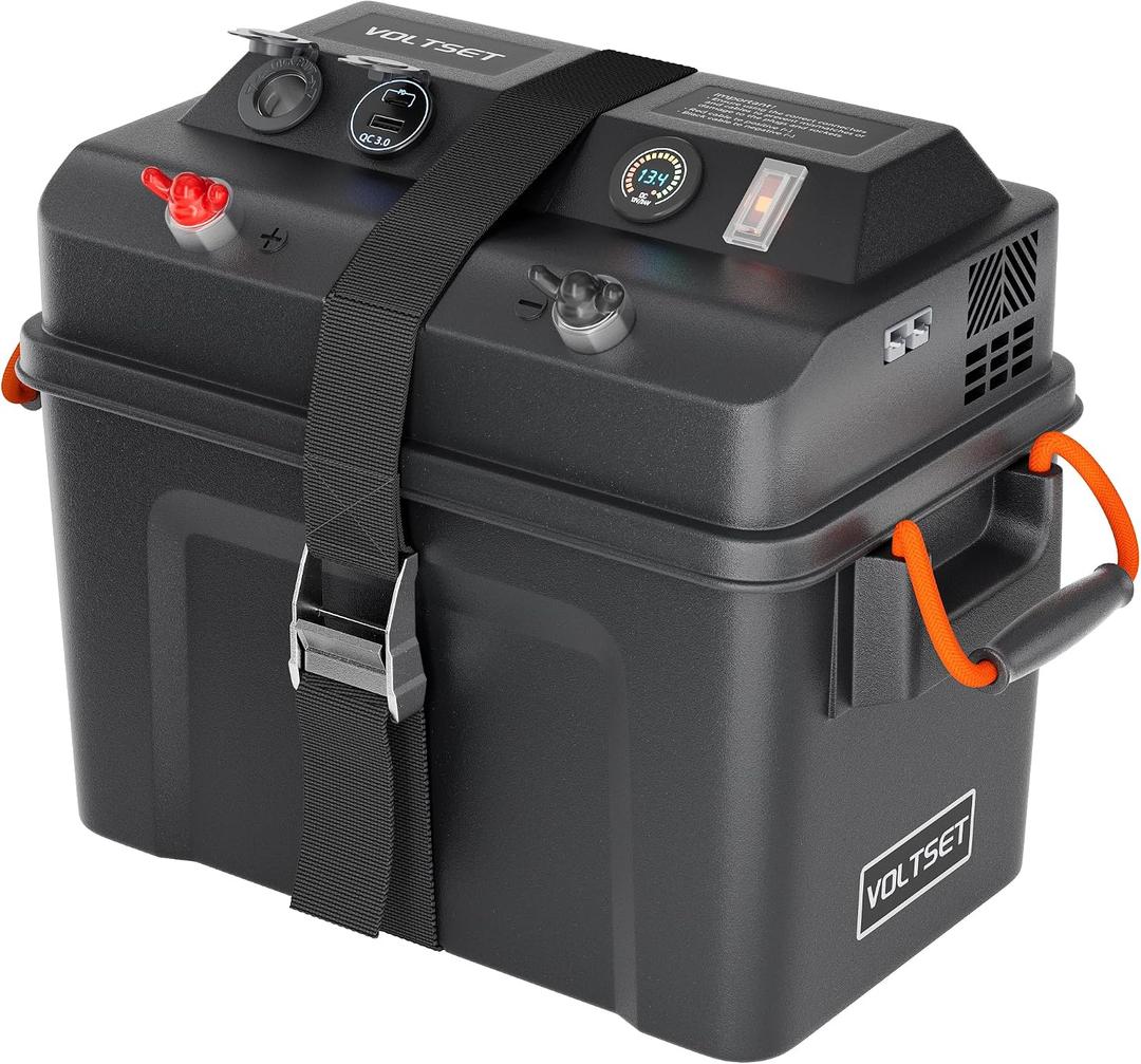 VOLTSET Trolling Motor Smart Battery Box 12V/24V Power Center PRO | Anderson Ports|16A overload switch|QC3.0 & USB-C PD|Digital Voltmeter|Fits Group 24/27/31 Batteries|For Boat, RV&Marine