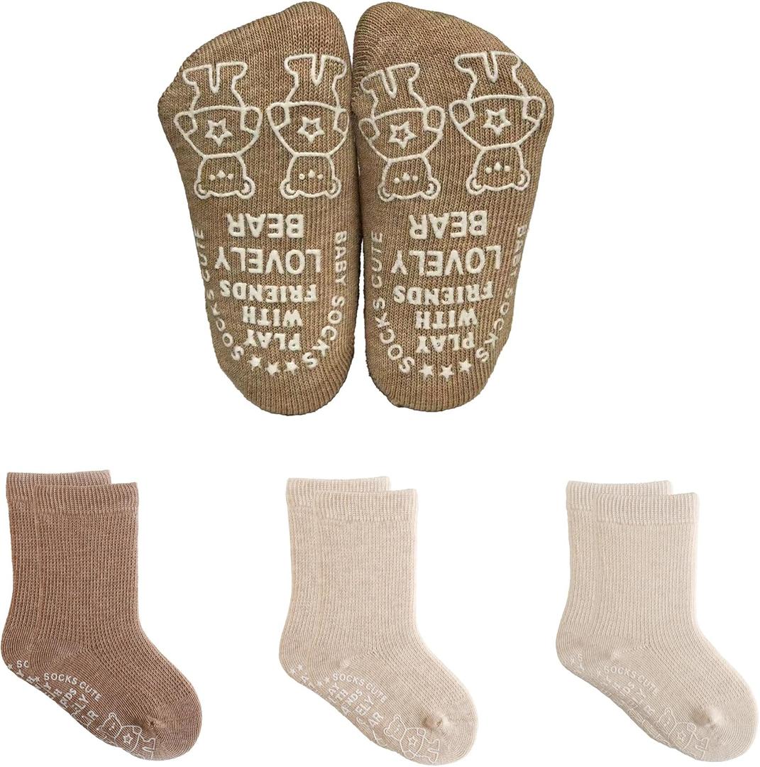 Infant Walking Socks with Non-Slip Soles, Cute Bear Design, High Cotton - 3 Pairs for Toddlers Boys Girls (Beige)