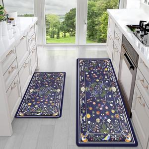 Sofort Kitchen Mats for Floor, Cushioned Anti Fatigue Kitchen Rugs Set of 2, Non Slip Waterproof Boho Standing Mats for Laundry, Sink, Office (Navy Blue)