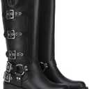 7 x Athlefit Women's Knee High Riding Boots Fashion Buckle Square Toe Chunky Heel Wide Calf Biker Boots (Black)