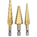 Titanium Step Drill Bit Set - 3PCS High Speed Steel Unibit, 1/4" Shank, Total 28 Sizes 3/16" - 1/2"