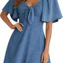BISUAL Womens Denim Dress Bow Tie V Neck Flutter Sleeve Summer Casual Jean Dresses 2026 Western Outfits (X-Large, Blue)