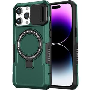 for iPhone 14 Pro Case with Camera Slide Cover [Compatible with MagSafe] with Magnetic Ring Kickstand, Military Grade Heavy Duty Case for iPhone 14 Pro 6.1'', Green