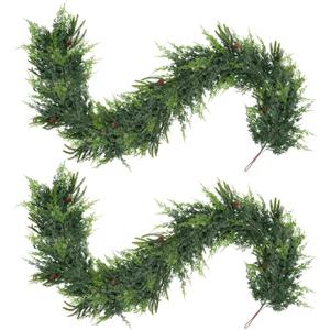 2Pcs 6FT Christmas Garland,Artificial Norfolk Pine/Cedar Garland for Table,Mantle, Wall, Indoor, Outdoor,Real Touch Winter Pine Garland Outdoor Christmas Decoration (Green)