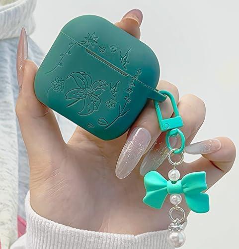 for Airpods 4 Case Cover with Bow Keychain, DamonLight Cute Flower Floral Engraved Silicone Protective Case Cover Compatible with Apple Airpods 4 Case 2024 for Women and Girls, Green