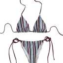 Milumia Women's 2 Piece Swimsuit Striped Halter Triangle Bikini Set Side Tie Bathing Suits (Large, Blue)
