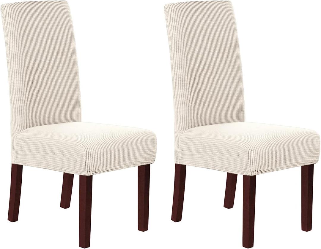 H.VERSAILTEX Stretch Dining Chair Covers Set of 2 Chair Covers for Dining Room Parsons Chair Slipcover Chair Protectors Covers Dining, Feature Textured Checked Jacquard Fabric, Ivory
