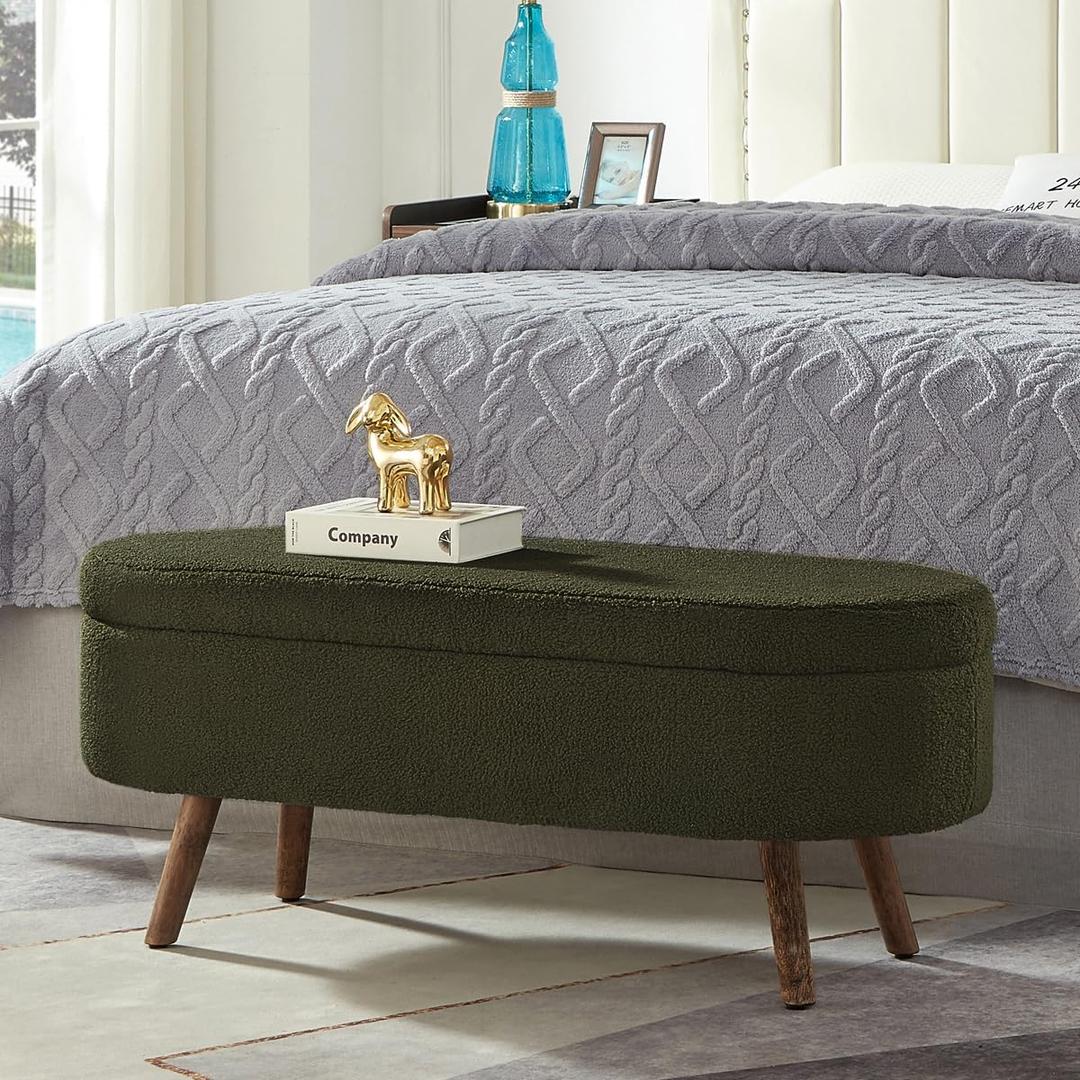 24KF Elegant Oval Entryway Bench with Wood Legs, Upholstered Cozy Teddy Fabric Storage Bench Ottomans for Living Room & Bedroom, 5068-Teddy-Dark Green