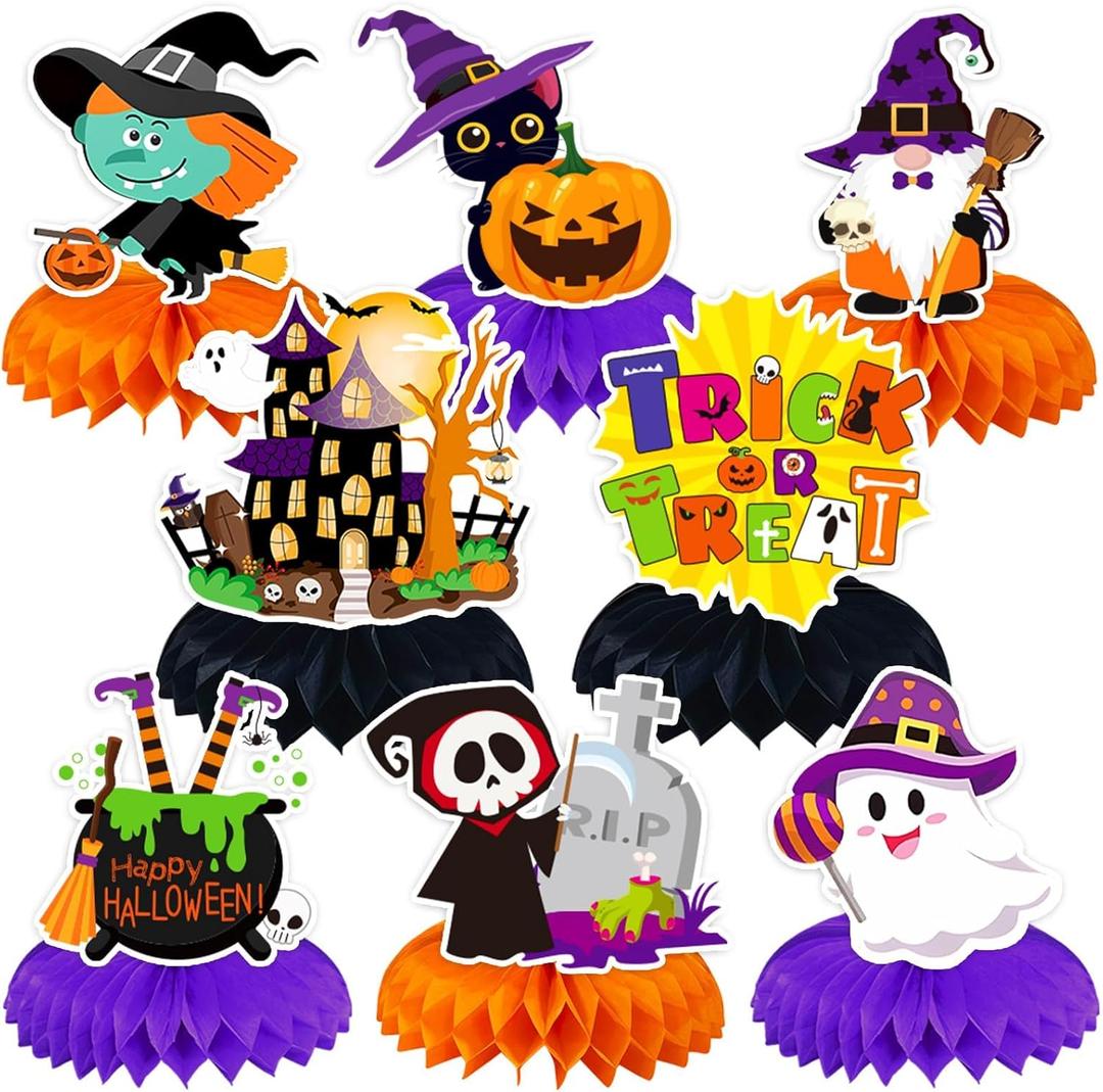 JULMELON 8PCS Halloween Party Decorations Honeycomb Centerpiece, Cute Pumpkin Ghost Witch Halloween Centerpiece Table Decorations Table Toppers for Halloween Party Favors Supplies