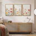 Framed Watercolor Botanical Wall Art for Bedroom, 3 Piece Colorful Floral Canvas Artwork for Walls, Large Farmhouse Wildflower Flower Prints Paintings for Living Room Entryway Wall Decor 16x24 Inch