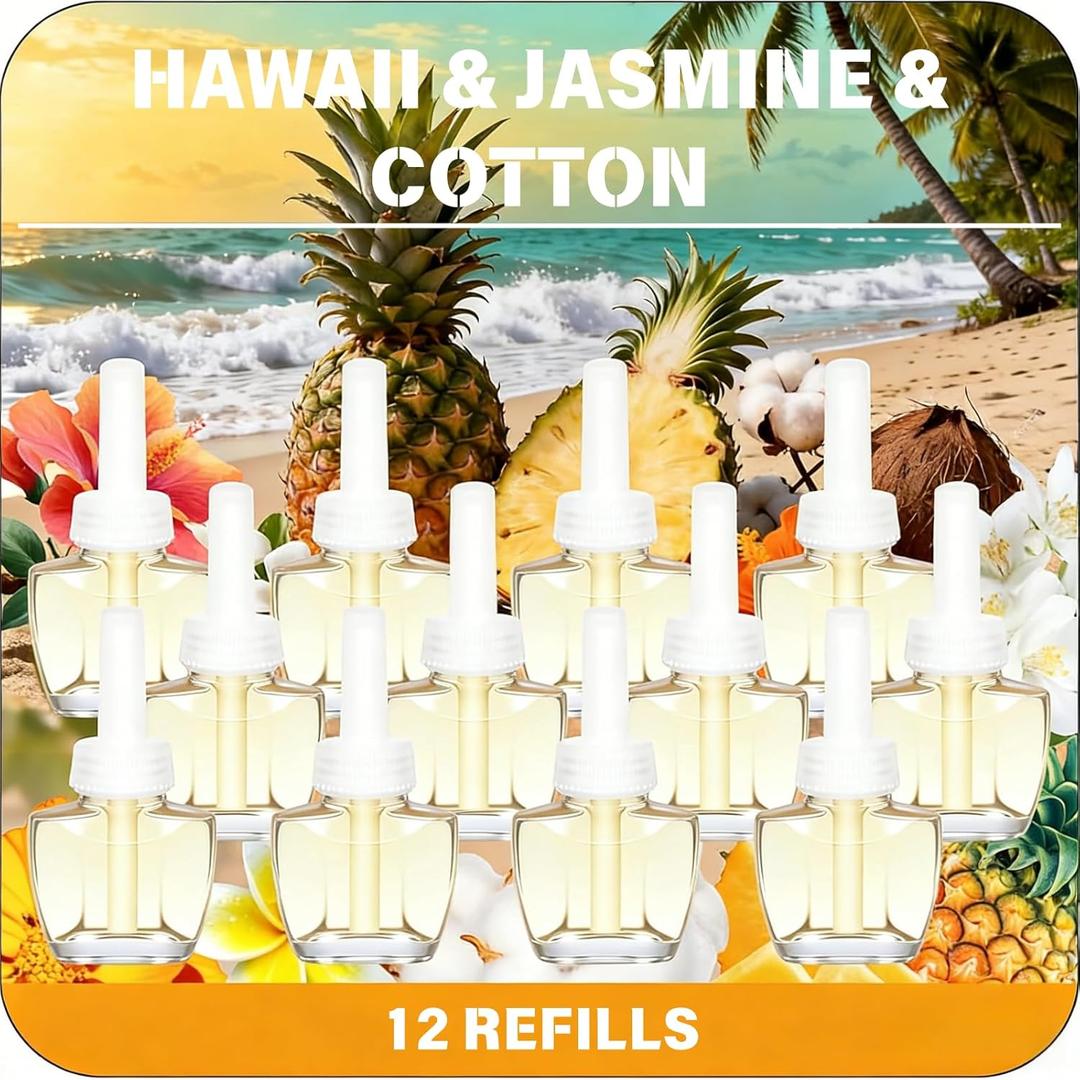 PlugIns Refills Air Freshener 12 Pack,Hawaiian, Jasmine & Cotton, Long Lasting Plug in Refills, Compatible with Air Wick & Glade Not Include Glade Plus (0.66 Fl Oz (Pack of 12))