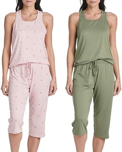 Real Essentials 2 Pack: Women’s Tank Top & Capri Pajama Set - Super-Soft Sleeveless Summer Loungewear, Small