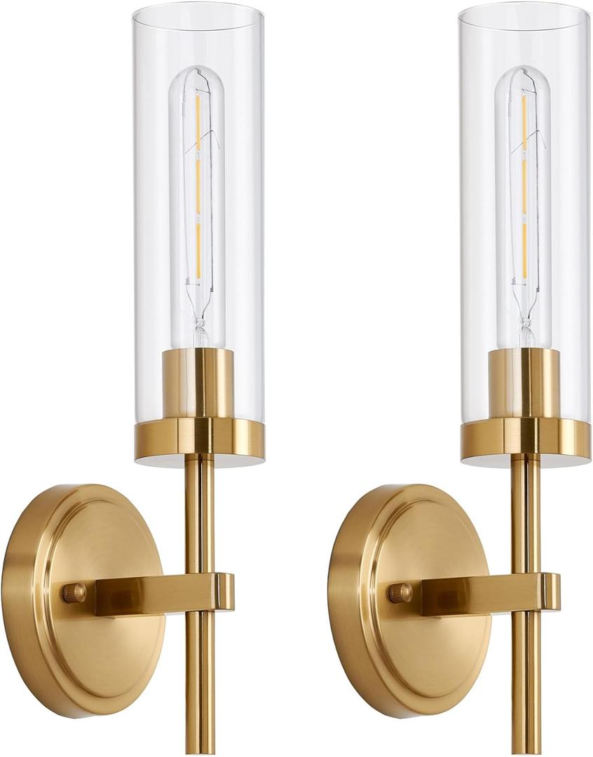 Hardwired Gold Wall Sconces Set of 2, Modern Bathroom Sconces Wall Lighting Vanity Light Fixtures with Clear Glass, Brushed Brass Wall Decor Lights for Mirror Living Room Bedroom Hallway Stairwell