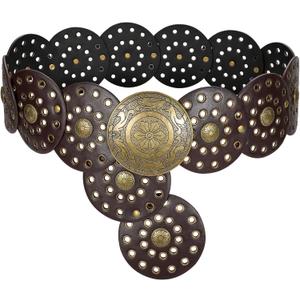 LEACOOLKEY Women's Boho Disc Belt Wide Western Leather Belt Vintage Concho Waist Belts for Dress Jeans (Brown)