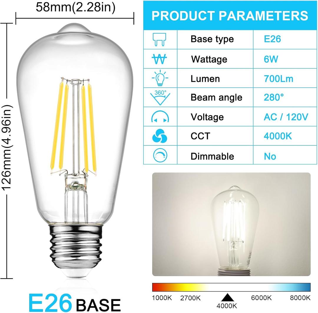Ascher LED Edison Bulbs 6W, Equivalent 60W, High Brightness Cool White 4000K, 700 Lumens, ST58 Vintage LED Filament Bulbs with 80+ CRI, E26 Base, Non-Dimmable, Clear Glass, 3 Packs