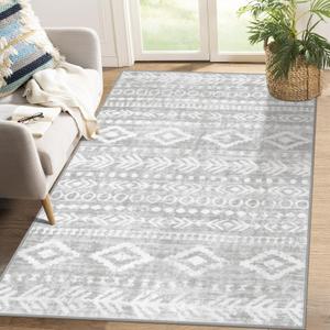 Lahome Boho Grey and White 4x6 Rug, Ultra-Thin Soft Living Room Area Rug Non Slip, Moroccan Rustic Nursery Rug Tribal Print Indoor Floor Carpet Rubber Backed for Office Bedroom Playroom