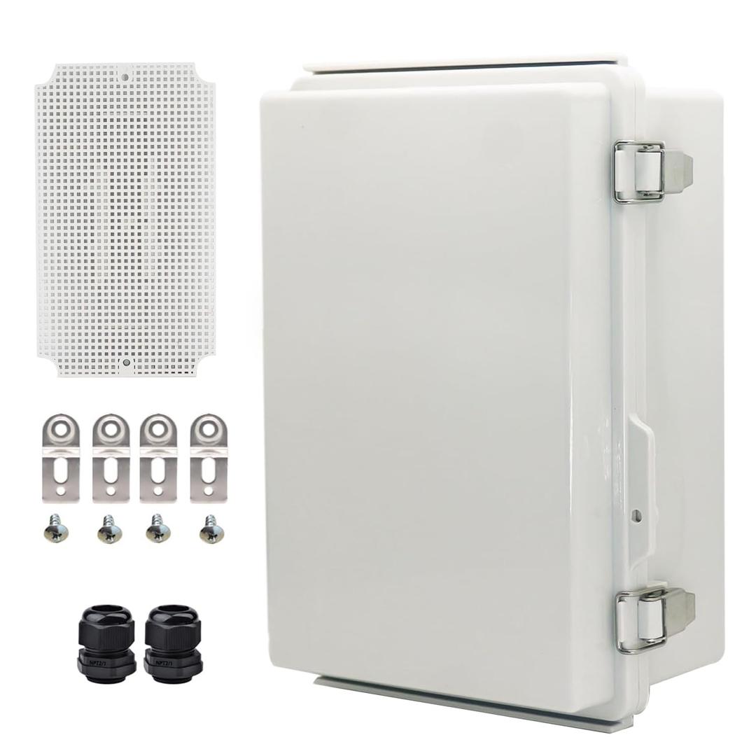 Waterproof Electrical Box with Mounting Plate, IP67 Junction Box Stainless Steel Latch Hinged Grey Cover Project Enclosure with Wall Bracket and 2 Glands 10.2" x 6.3" x 3.9"